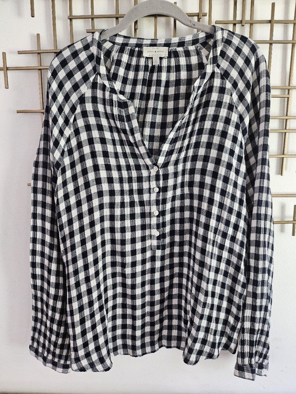 L- Lucky Brand- Black and White Gingham Henley Blouse